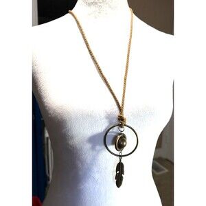 Vintage Boho Copper Tone Feather Sphere Orb Long Cord Pendant Necklace